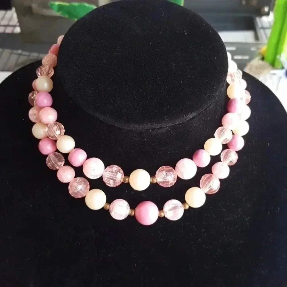 Vintage Pink Double Beaded Choker Necklace